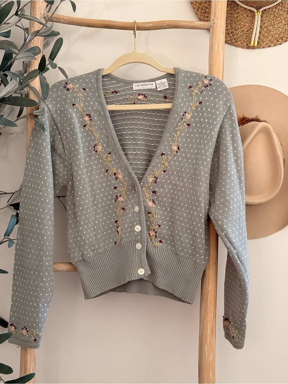 Liz Claiborne Dusty Blue Embroidered V-Neck Cardigan